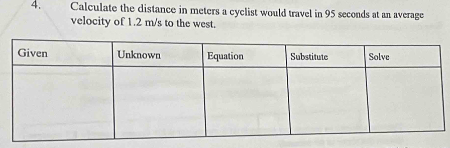 Calculate the distance in meters a cyclist would travel in 95 seconds at an average 
velocity of 1.2 m/s to the west.