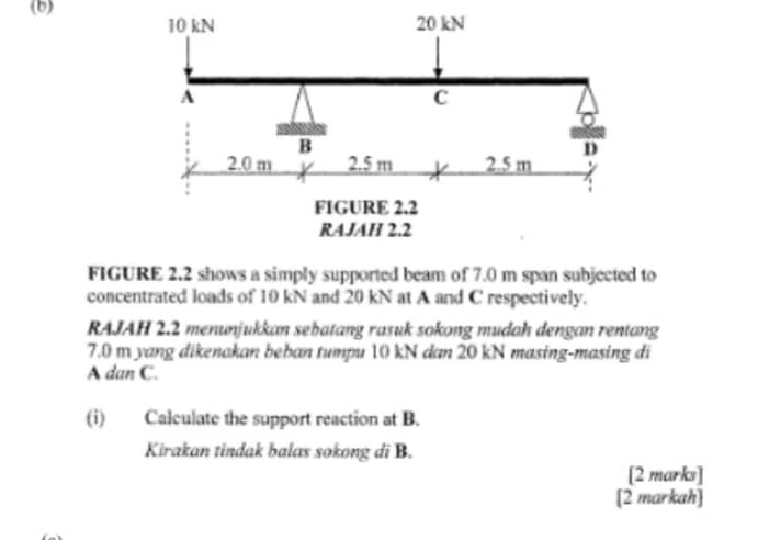 FIGURE 2.2 shows a simply supported beam of 7.0 m span subjected to 
concentrated loads of 10 kN and 20 kN at A and C respectively. 
RAJAH 2.2 menunjukkan sehatang rasuk sokong mudah dengan rentang
7.0 m yang dikenakan beban tumpu 10 kN dan 20 kN masing-masing di
A dan C. 
(i) Calculate the support reaction at B. 
Kirakan tindak balas sokong di B. 
[2 marks] 
[2 markah]