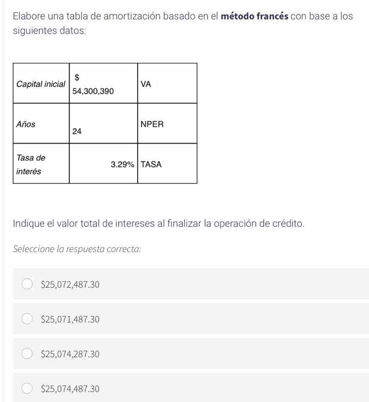 Elabore una tabla de amortización basado en el método francés con base a los
siguientes datos:
Indique el valor total de intereses al finalizar la operación de crédito.
Seleccione la respuesta correcta:
$25,072,487.30
$25,071,487.30
$25,074,287.30
$25,074,487.30