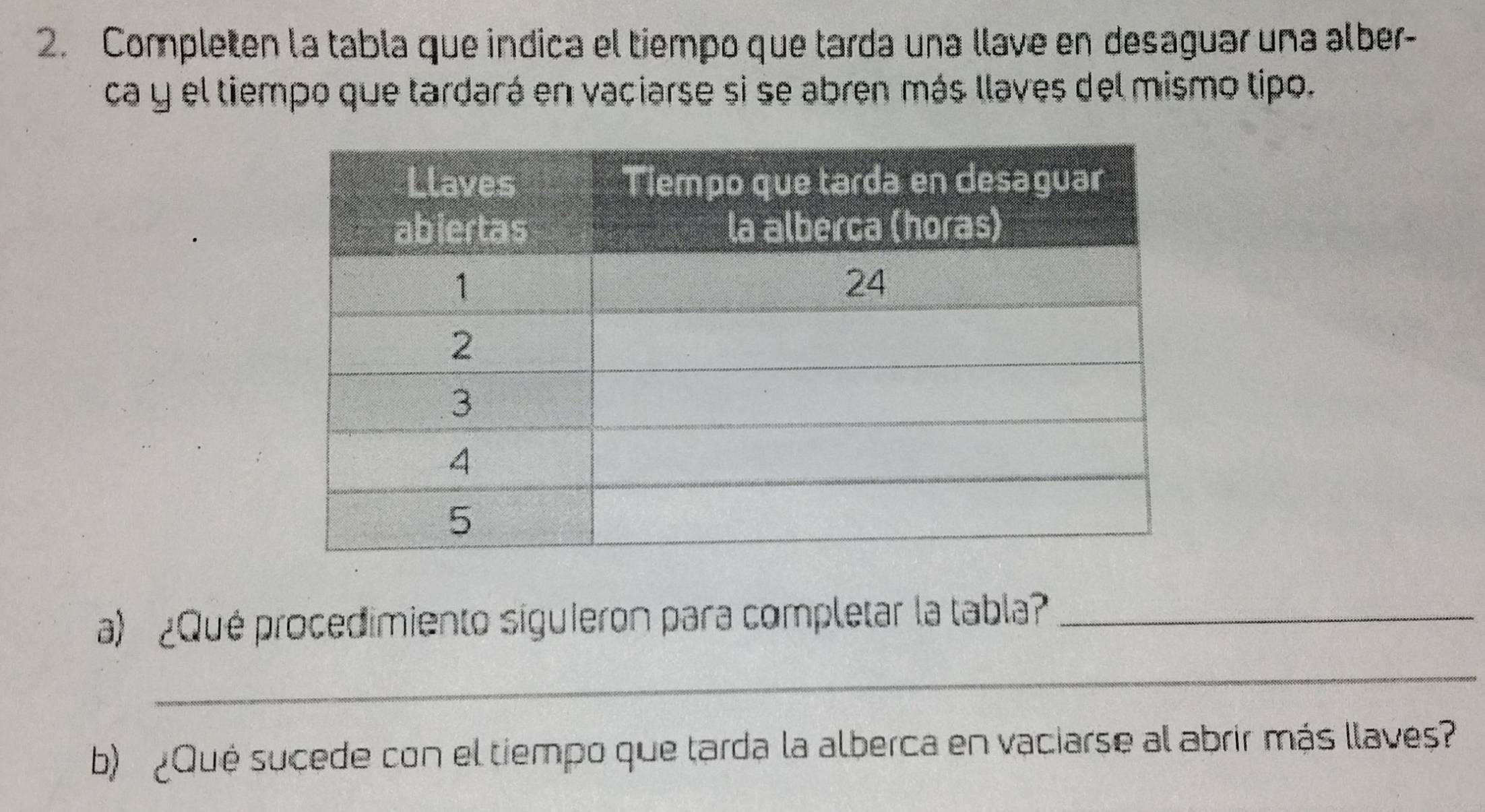 Completen la tabla que indica el tiempo que tarda una llave en desaguar una alber- 
ca y el tiempo que tardará en vaciarse si se abren más llaves del mismo tipo. 
a) ¿Qué procedimiento siguleron para completar la tabla?_ 
_ 
b) ¿Qué sucede con el tiempo que tarda la alberca en vaciarse al abrir más llaves?