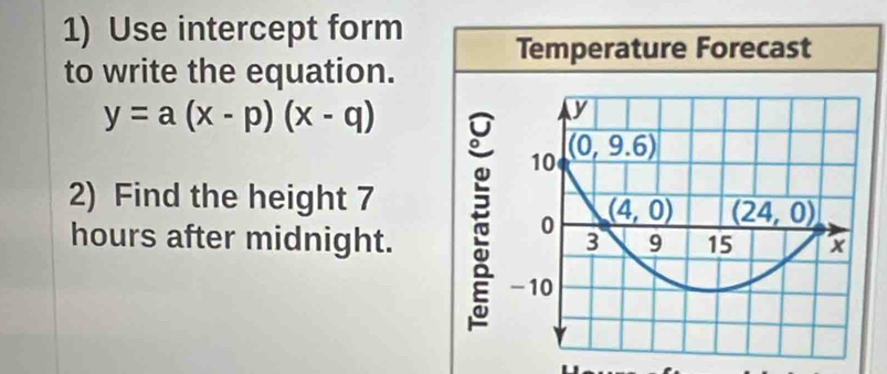 Use intercept form Temperature Forecast
to write the equation.
y=a(x-p)(x-q)
2) Find the height 7 
hours after midnight.