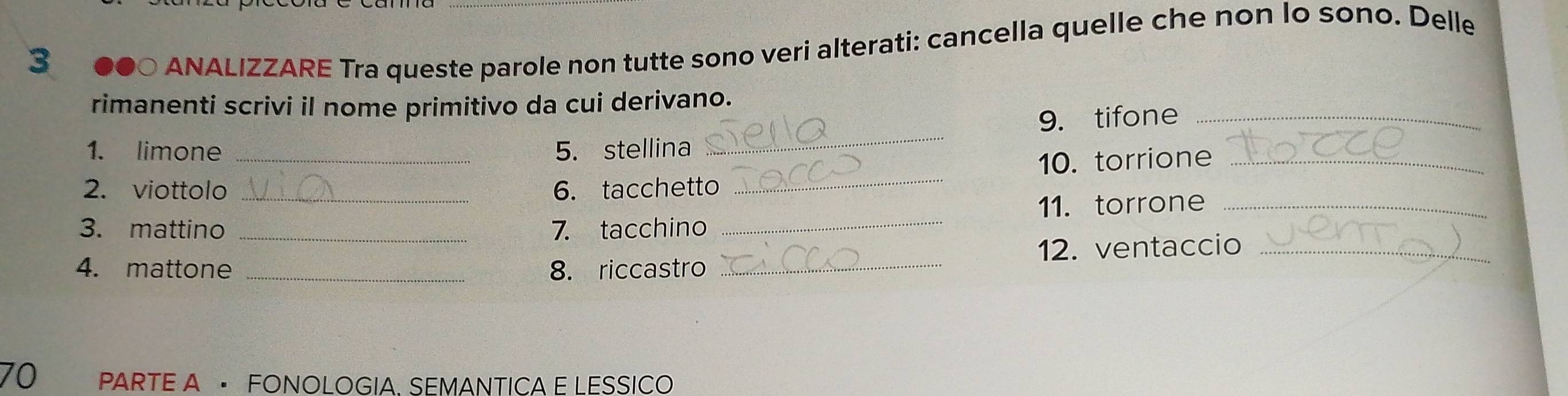 3 
0●O ANALIZZARE Tra queste parole non tutte sono veri alterati: cancella quelle che non lo sono. Delle 
rimanenti scrivi il nome primitivo da cui derivano. 
_ 
9. tifone_ 
1. limone _5. stellina 
10. torrione_ 
2. viottolo _6. tacchetto 
_ 
11. torrone_ 
3. mattino _7. tacchino 
_ 
4. mattone _8. riccastro _12. ventaccio_ 
70 PARTE A · FONOLOGIA. SEMANTICA E LESSICO