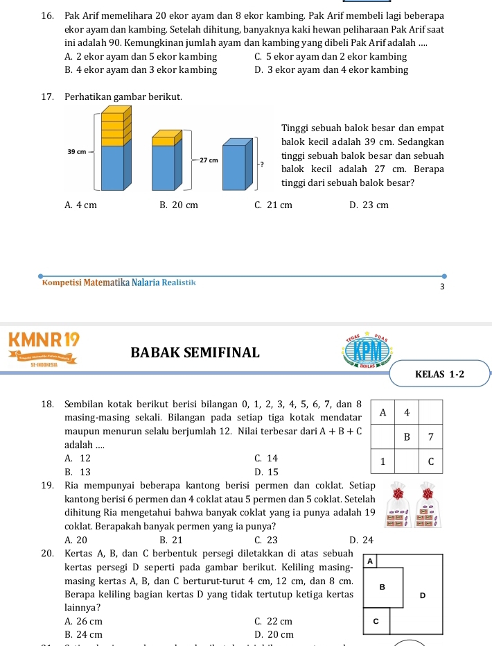 Pak Arif memelihara 20 ekor ayam dan 8 ekor kambing. Pak Arif membeli lagi beberapa
ekor ayam dan kambing. Setelah dihitung, banyaknya kaki hewan peliharaan Pak Arif saat
ini adalah 90. Kemungkinan jumlah ayam dan kambing yang dibeli Pak Arif adalah ....
A. 2 ekor ayam dan 5 ekor kambing C. 5 ekor ayam dan 2 ekor kambing
B. 4 ekor ayam dan 3 ekor kambing D. 3 ekor ayam dan 4 ekor kambing
17. Perhatikan gambar berikut.
Tinggi sebuah balok besar dan empat
balok kecil adalah 39 cm. Sedangkan
tinggi sebuah balok besar dan sebuah
−27 cm -?
balok kecil adalah 27 cm. Berapa
tinggi dari sebuah balok besar?
B. 20 cm C. 21 cm D. 23 cm
Kompetisi Matematika Nalaria Realistik
3
KMNR 19
BABAK SEMIFINAL
SE-IMDONESU Lhere
KELAS 1-2
18. Sembilan kotak berikut berisi bilangan 0, 1, 2, 3, 4, 5, 6, 7, dan 8
masing-masing sekali. Bilangan pada setiap tiga kotak mendatar
maupun menurun selalu berjumlah 12. Nilai terbesar dari A+B+C
adalah ....
A. 12 C. 14
B. 13 D. 15
19. Ria mempunyai beberapa kantong berisi permen dan coklat. Setiap
kantong berisi 6 permen dan 4 coklat atau 5 permen dan 5 coklat. Setelah
dihitung Ria mengetahui bahwa banyak coklat yang ia punya adalah 19
coklat. Berapakah banyak permen yang ia punya?
A. 20 B. 21 C. 23 D. 24
20. Kertas A, B, dan C berbentuk persegi diletakkan di atas sebuah
kertas persegi D seperti pada gambar berikut. Keliling masing-
masing kertas A, B, dan C berturut-turut 4 cm, 12 cm, dan 8 cm.
Berapa keliling bagian kertas D yang tidak tertutup ketiga kertas
lainnya?
A. 26 cm C. 22 cm
B. 24 cm D. 20 cm