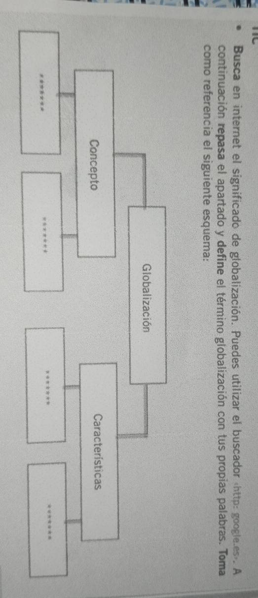 Busca en internet el significado de globalización. Puedes utilizar el buscador «http: google.es». A 
continuación repasa el apartado y define el término globalización con tus propias palabras. Toma 
como referencia el siguiente esquema: