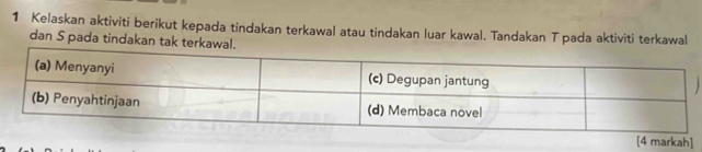 Kelaskan aktiviti berikut kepada tindakan terkawal atau tindakan luar kawal. Tandakan T pada aktiviti terkawal 
dan S pada tindakan tak ter 
[4 markah]