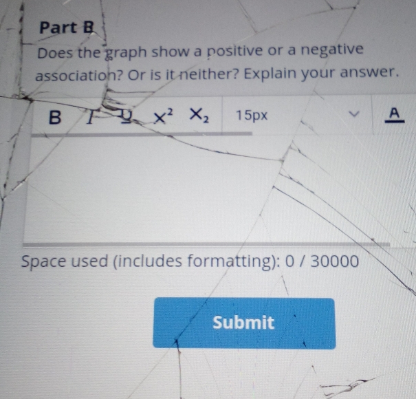 Does the graph show a positive or a negative 
association? Or is it neither? Explain your answer. 
B T X^2X_2 15px A 
Space used (includes formatting): 0 / 30000 
Submit