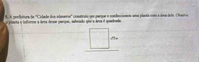 A prefeitura de ''Cidade dos números'' construiu um parque e confeccionou uma planta com a área dele. Observe 
a planta e informe a área dease parque, sabendo que a área é quadrada.
sqrt(13)=