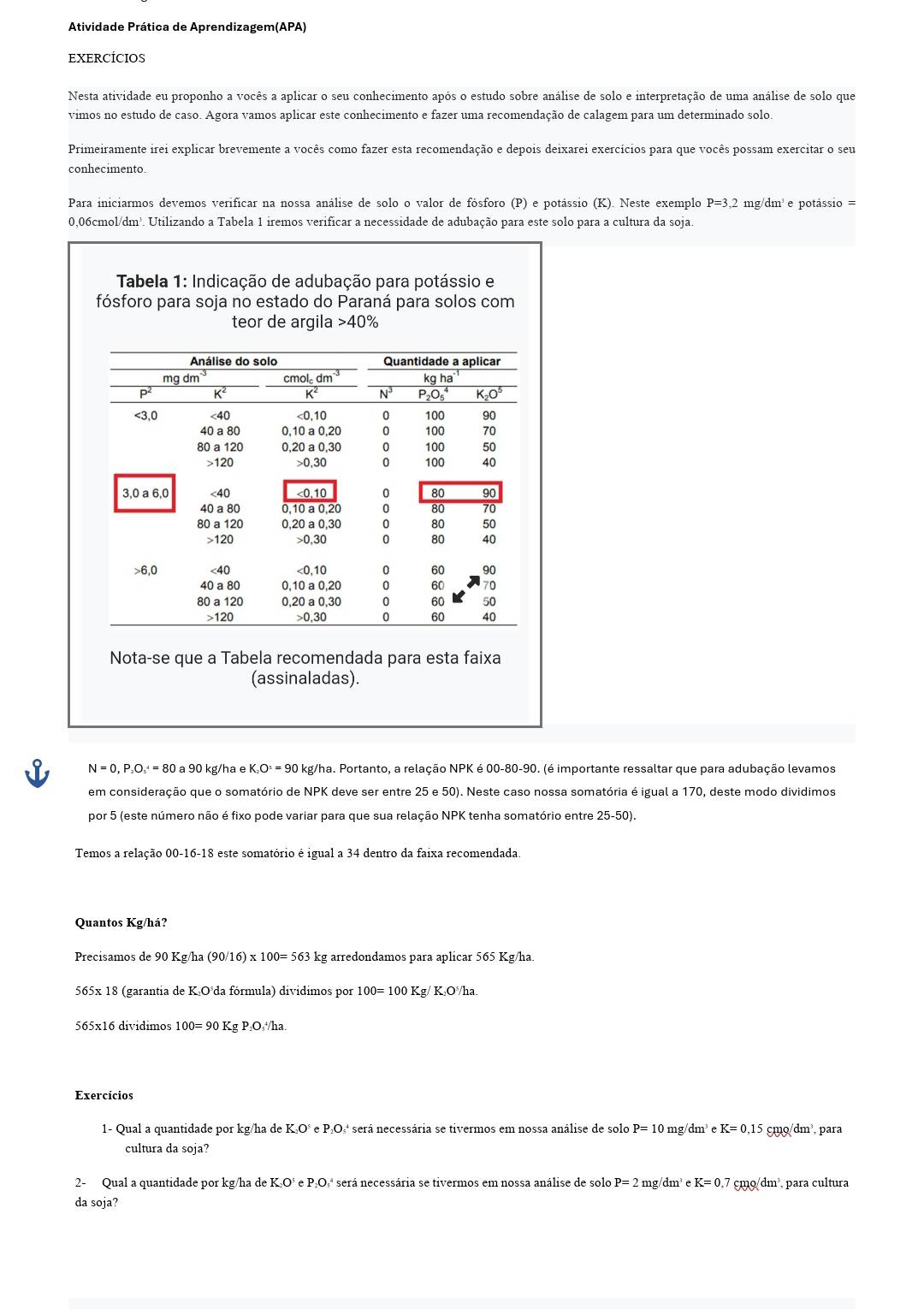 Atividade Prática de Aprendizagem(APA)
EXERCÍCIOS
Nesta atividade eu proponho a vocês a aplicar o seu conhecimento após o estudo sobre análise de solo e interpretação de uma análise de solo que
vimos no estudo de caso. Agora vamos aplicar este conhecimento e fazer uma recomendação de calagem para um determinado solo.
Primeiramente irei explicar brevemente a vocês como fazer esta recomendação e depois deixarei exercícios para que vocês possam exercitar o seu
conhecimento.
Para iniciarmos devemos verificar na nossa análise de solo o valor de fósforo (P) e potássio (K). Neste exemplo P=3,2 mg/dm³ e potássio =
0,06cmol/dm². Utilizando a Tabela 1 iremos verificar a necessidade de adubação para este solo para a cultura da soja.
Tabela 1: Indicação de adubação para potássio e
fósforo para soja no estado do Paraná para solos com
teor de argila >40%
Nota-se que a Tabela recomendada para esta faixa
(assinaladas).
N = 0, P_3O_4=8 0 a 90 kg/ha eK_2O^5 = 90 kg/ha. Portanto, a relação NPK é 00-80-90. (é importante ressaltar que para adubação levamos
em consideração que o somatório de NPK deve ser entre 25 e 50). Neste caso nossa somatória é igual a 170, deste modo dividimos
por 5 (este número não é fixo pode variar para que sua relação NPK tenha somatório entre 25-50).
Temos a relação 00-16-18 este somatório é igual a 34 dentro da faixa recomendada
Quantos Kg/há?
Precisamos de 9 90Kg/ha(90/16)* 100=563 kg arredondamos para aplicar 565 Kg/ha.
565x 18 (garantia de K₂O°da fórmula) dividimos por 100=100Kg/K.O^5/h:
565x16 dividimos 1 100=901 Kσ P_2O_5/h; 1
Exercícios
1- Qual a quantidade por kg/ha de K₂O° e P₂O₃ª será necessária se tivermos em nossa análise de solo P= 10 mg/dm³ e K=0,15 cmg/dm^3 , para
cultura da soja?
2- Qual a quantidade por kg/hadeK_2O^3eP_2O_3 A será necessária se tivermos em nossa análise de solo P=2m /dm^3eK=0.7cmo/dm^3 para cultura
da soja?