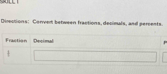 SRILL T
Directions: Convert between fractions, decimals, and percents.