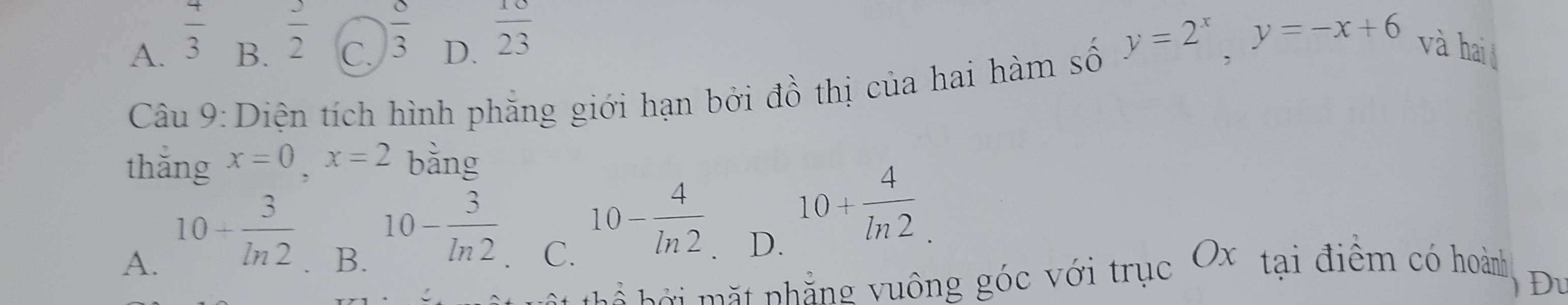 B.  3/2 
C.  8/3 
D.  10/23  y=2^x, y=-x+6
A.  4/3  và hai
Câu 9: Diện tích hình phăng giới hạn bởi đồ thị của hai hàm số
thắng x=0, x=2 bằng
10- 3/ln 2 
A. 10- 3/ln 2 . B. C.
10- 4/ln 2  D.
10+ 4/ln 2 . 
h ng vuông góc với trục Ox tại điểm có hoàn Đu