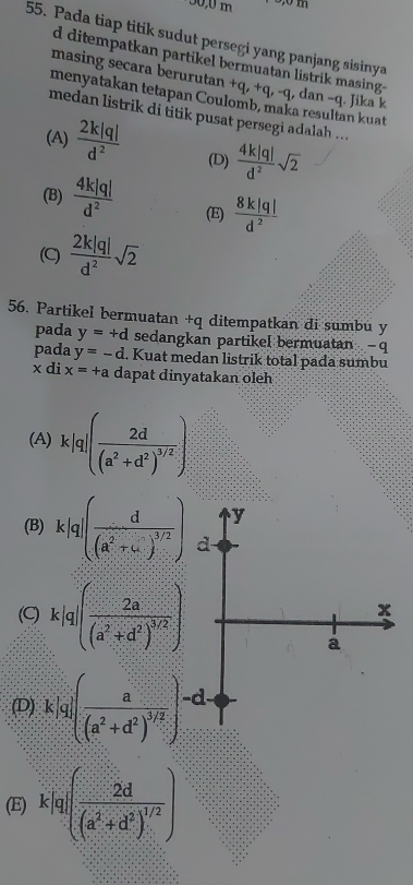 30,0 m
55. Pada tiap titik sudut persegi yang panjang sisinya
d ditempatkan partikel bermuatan listrik masing
masing secara berurutan +q, +q, -q , dan - q. Jika k
menyatakan tetapan Coulomb, maka resultan kuat
medan listrik di titik pusat persegi adalah ...
(A)  2k|q|/d^2  (D)  4k|q|/d^2 sqrt(2)
(B)  4k|q|/d^2  (E)  8k|q|/d^2 
(C)  2k|q|/d^2 sqrt(2)
56. Partikel bermuatan +q ditempatkan di sumbu y
pada y=+d sedangkan partikel bermuatan - q
pada y=-d. Kuat medan listrik total pada sumbu
x di x=+a dapat dinyatakan oleh
(A) k|q|(frac 2d(a^2+d^2)^3/2)
y
(B) k|q|(frac d(a^2+...)^3/2) d
(C) k|q|(frac 2a(a^2+d^2)^3/2)
x
a
(D) k|q|(frac a(a^2+d^2)^3/2)^-d.
(E) k|q|(frac 2d(a^2+d^2)^1/2)