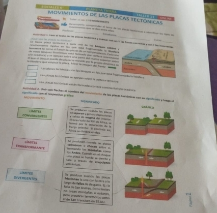 DEANETA DFEEA
MOVIMIENTOS DE LAS PLACAS TECTÓNICAS FALhH Ghin
  
= mantos que se dan entre atas cao comprade el teria de le cleca aa a sacctica d cg de
F   
a  t a   
A cuidal 1. Lver el teato de las placas tectómica y iarcar con un V las frases correcta
Sa tura placa teriónica e cada uno de los blóques sálido
rretivamente rundos en los que está tragimentada la Mas
terceçe toi como sl furent l garas de un rotipecabesas. Cata 
de estr bioques stosfercos está folmado por curtera (cetma
eñu oceánical y se apeyan sobre una parte del muesto luperias si
et que el bioque puede de splanarse movidó por la proeía deana 
la daetera que empuja la placa. Ninor la imagen del fente ma
Las placas tectónicas son los bloques en los que está fr
Ls placas tectónicas se apoyan sobre la corteza temesbie
Las placas tectóricas extán formadas corteza continental y/o oceánica
Artividad 2. Ulsir con flechas el nombre del mistmiento de las placas testósicas con su significado y luegn el
significado con el respectivo gráfico MOYVINE NTO
SHNIFICADO GRAFICO
Se produren cuando las placas
CONVERGENTES LIMITES É l Gran Valle del Kif de África, se  y salida de magma del intóricn se separán y géera depresióne y
Roesó por la separación de la
África se dividirá en dos tranja oriental. Si contnua as.
Se producen cuando las placas
formande las montañas como colisionan o checan entre si.
TRANSFORMANTE LIMITES  los Andes. Cuando en el choque
una placa se hunde se derrite y
volcânicas saie a través de eruptiones
LIMITES Se produce cuando las placas
DIVERGENTES  ilargo de Ballas de desgare. Eja la frietionan la una con la obra à lo
no creas montañas u oclanos. falla de San Andrés. Estós limites.
el de San Francisco en EE.UU. pero provocar terremotos como