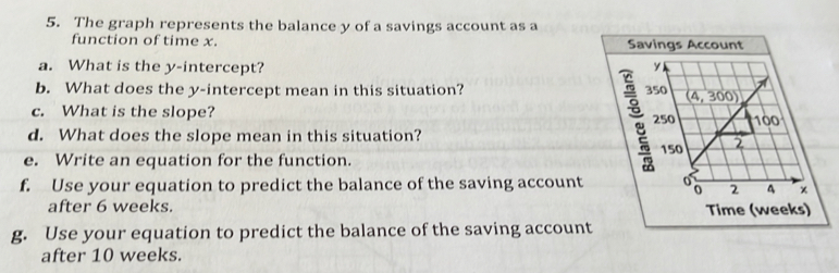 The graph represents the balance y of a savings account as a
function of time x. Savings Account
a. What is the y-intercept? 
b. What does the y-intercept mean in this situation? 
c. What is the slope? 
d. What does the slope mean in this situation?
e. Write an equation for the function.
f. Use your equation to predict the balance of the saving account 
after 6 weeks. Time (weeks)
g. Use your equation to predict the balance of the saving account
after 10 weeks.