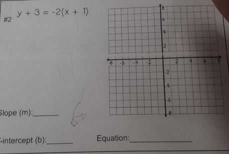 y+3=-2(x+1)
#2 
Slope (m):_ 
intercept (b):_ Equation:_