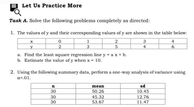 Let Us Practice More 
Task A. Solve the following problems completely as directed: 
1. The values of y and their corresponding values of y are shown in the table below: 
a. Find the least square regression line y=ax+b. 
b. Estimate the value of y when x=10. 
2. Using the following summary data, perform a one-way analysis of variance using
a=.01.