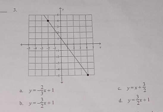 3
a. y=- 2/3 x+1 y=x+ 3/2 
c.
b. y=- 3/2 x+1
d. y= 3/2 x+1