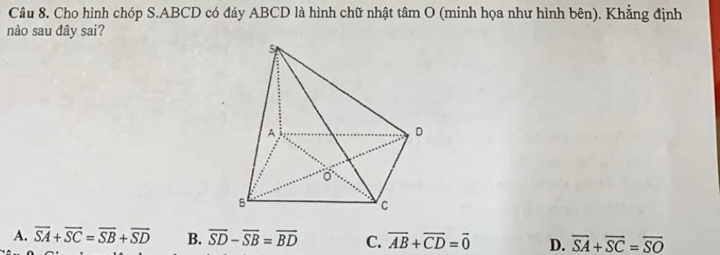 Cho hình chóp S. ABCD có đáy ABCD là hình chữ nhật tâm O (minh họa như hình bên). Khẳng định
nào sau đây sai?
A. overline SA+overline SC=overline SB+overline SD B. overline SD-overline SB=overline BD C. overline AB+overline CD=overline 0 D. overline SA+overline SC=overline SO