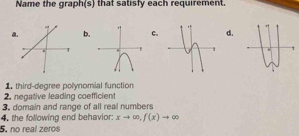 Name the graph(s) that satisfy each requirement. 
a. 
b. 
c. 
d. 
1. third-degree polynomial function 
2. negative leading coefficient 
3. domain and range of all real numbers 
4. the following end behavior: xto ∈fty ,f(x)to ∈fty
5. no real zeros