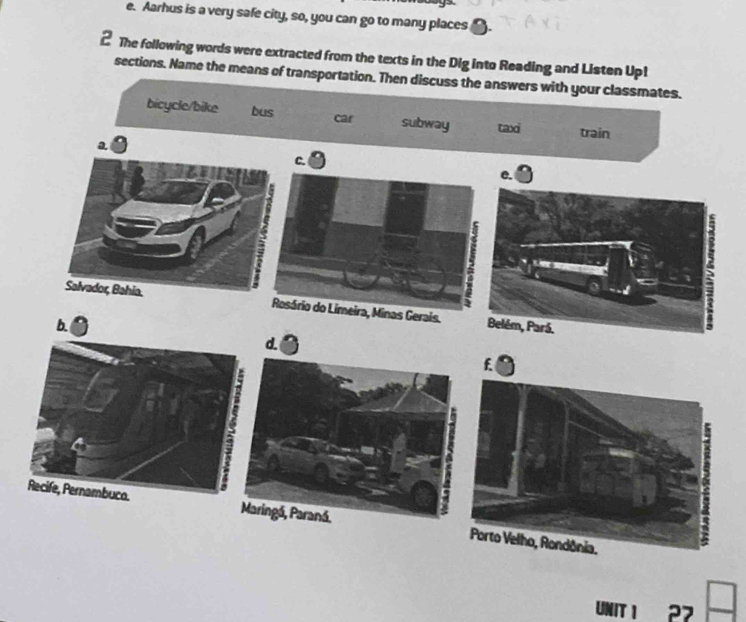 Aarhus is a very safe city, so, you can go to many places
2 The following words were extracted from the texts in the Dig into Reading and Listen Upl
sections. Name the means of transportation. Then discuss the answers with your classmates.
bicycle/bike bus car subway taxi train
C.
e.

b. 
d.
f
UNIT 1