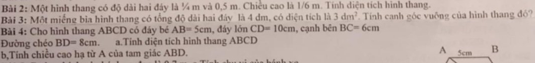 Một hình thang có độ dài hai đáy là ¼ m và 0,5 m. Chiều cao là 1/6 m. Tính diện tích hình thang. 
Bài 3: Một miếng bìa hình thang có tổng độ dài hai đây là 4 dm, có diện tích là 3dm^2. Tính canh góc vuỡng của hình thang đó? 
Bài 4: Cho hình thang ABCD có đáy bé AB=5cm , đảy lớn CD=10cm , cạnh bên BC=6cm
Đường chéo BD=8cm. a.Tính diện tích hình thang ABCD
b,Tính chiều cao hạ từ A của tam giác ABD. A 5cm B