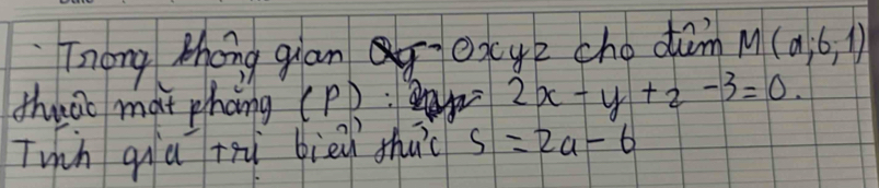 Tnong Zhong gian oxge cho dim M(d;6;1)
thuao mat phong (Pp: 2x-y+2-3=0. 
Twin qia trù biēi shu s=2a-6