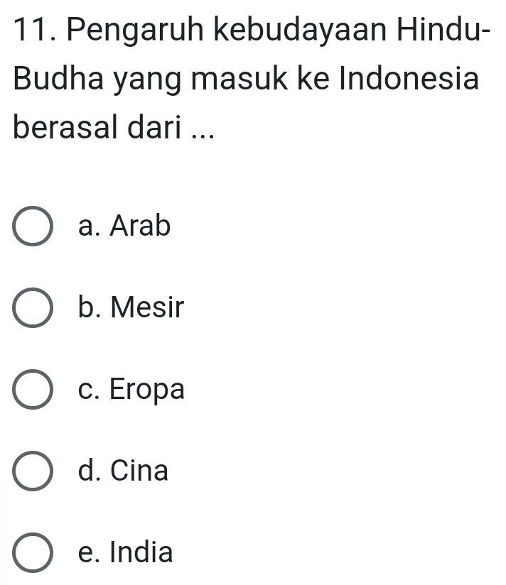 Pengaruh kebudayaan Hindu-
Budha yang masuk ke Indonesia
berasal dari ...
a. Arab
b. Mesir
c. Eropa
d. Cina
e. India