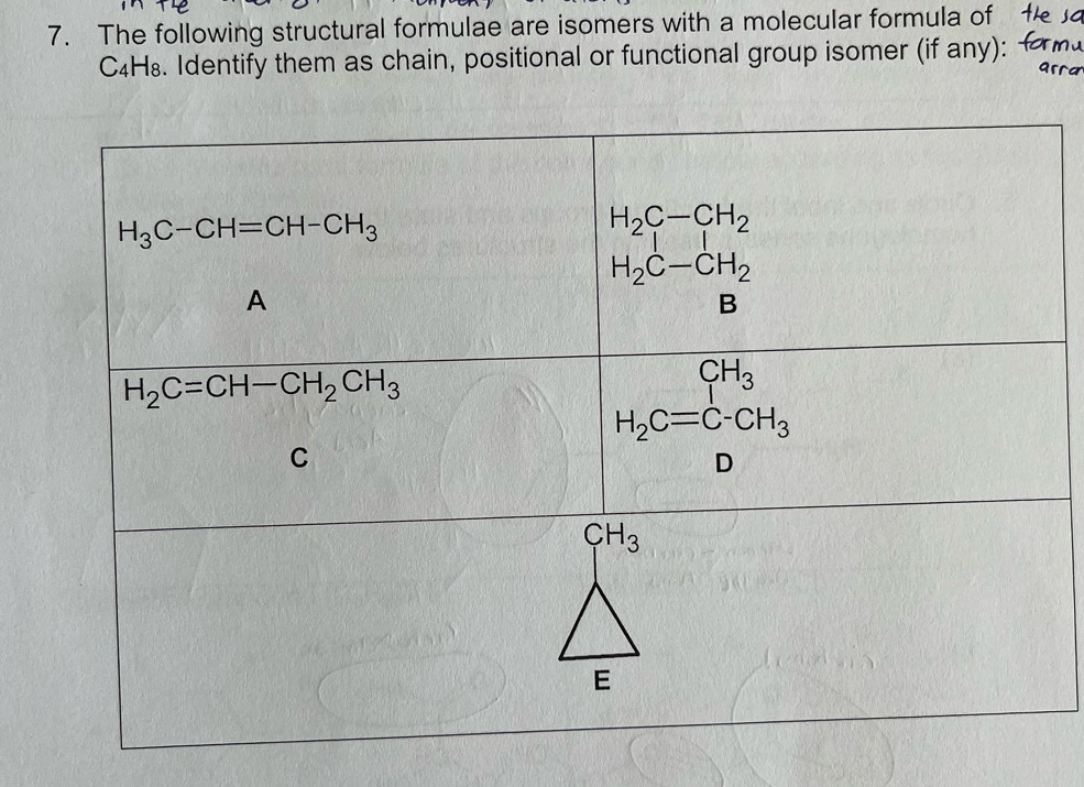 The following structural formulae are isomers with a molecular formula of
C₄H₈. Identify them as chain, positional or functional group isomer (if any):
H_3C-CH=CH-CH_3
H_2C-CH_2
H_2C-CH_2
A
B
H_2C=CH-CH_2CH_3
C
H_2C=C-CH_3
D
CH_3
E