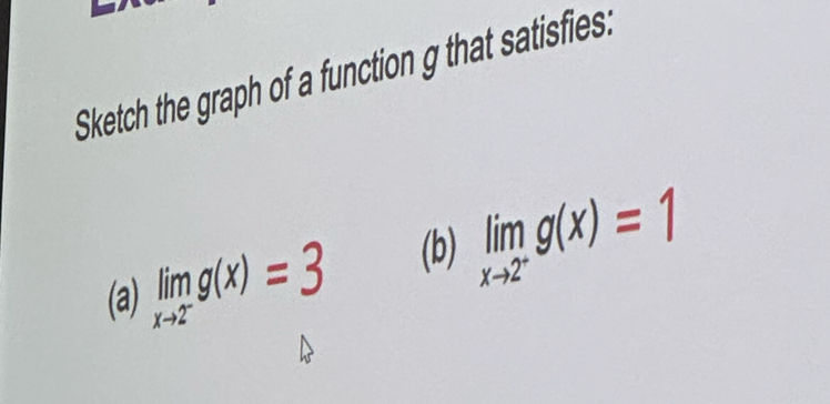 Sketch the graph of a function g that satisfies: 
(a) limlimits _xto 2^-g(x)=3 (b) limlimits _xto 2^-g(x)=1