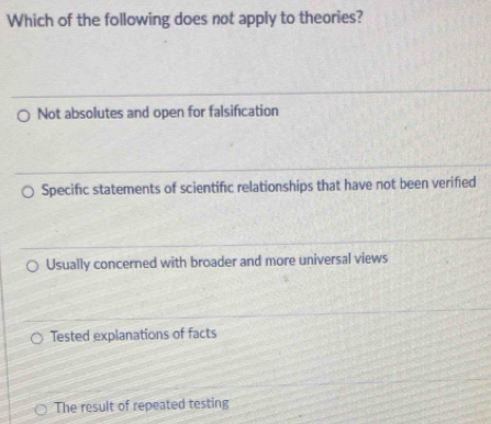 Which of the following does not apply to theories?
Not absolutes and open for falsification
Specific statements of scientific relationships that have not been verified
Usually concerned with broader and more universal views
Tested explanations of facts
The result of repeated testing