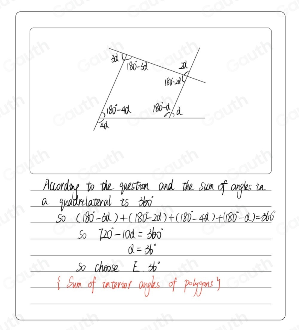 3d
180°-3alpha
180°-2alpha
180°-4alpha 180°-alpha d 
4d 
According to the question and the sum of angles in 
a quadrilateral is 360
So (180°-3alpha )+(180°-2alpha )+(180°-4alpha )+(180°-alpha )=360°
So 720°-10alpha =360°
alpha =36°
So choose E. 36°
Sum of interror angles of polygensy