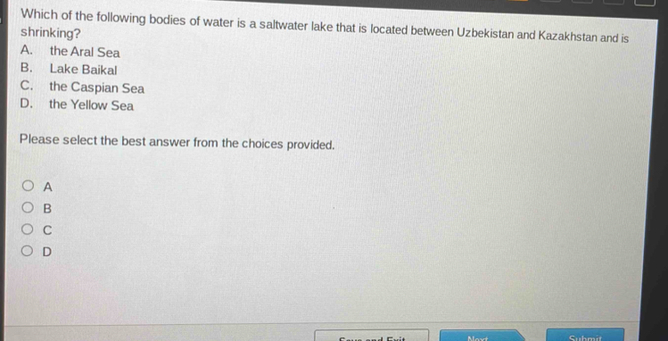 Which of the following bodies of water is a saltwater lake that is located between Uzbekistan and Kazakhstan and is
shrinking?
A. the Aral Sea
B. Lake Baikal
C. the Caspian Sea
D. the Yellow Sea
Please select the best answer from the choices provided.
A
B
C
D
Submit