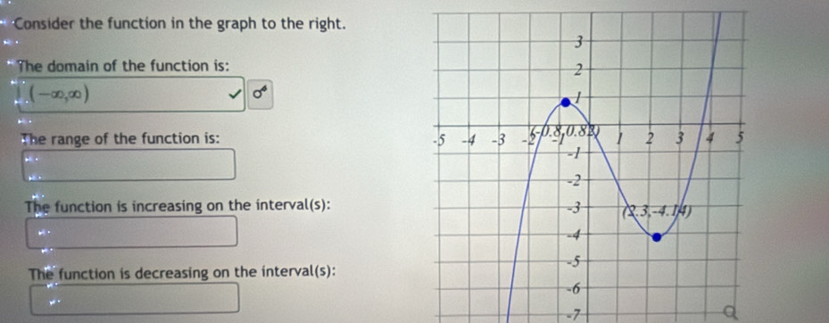 Consider the function in the graph to the right.
The domain of the function is:
(-∈fty ,∈fty )
sigma^4
The range of the function is: 
The function is increasing on the interval(s):
The function is decreasing on the interval(s):
-7