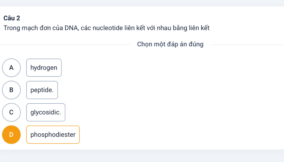 Trong mạch đơn của DNA, các nucleotide liên kết với nhau bằng liên kết
Chọn một đáp án đúng
A hydrogen
B peptide.
C glycosidic.
D phosphodiester