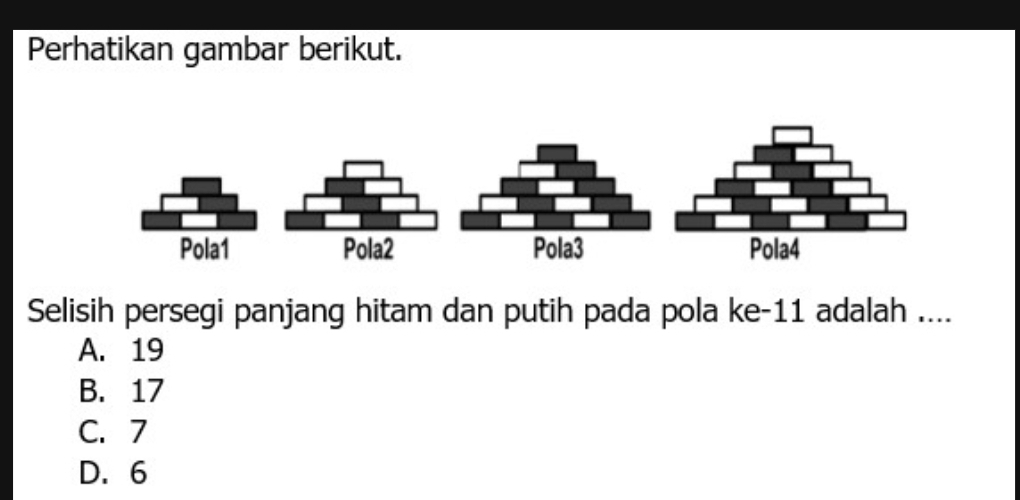 Perhatikan gambar berikut.
Pola1 Pola2 Pola3 Pola4
Selisih persegi panjang hitam dan putih pada pola ke -11 adalah ....
A. 19
B. 17
C. 7
D. 6