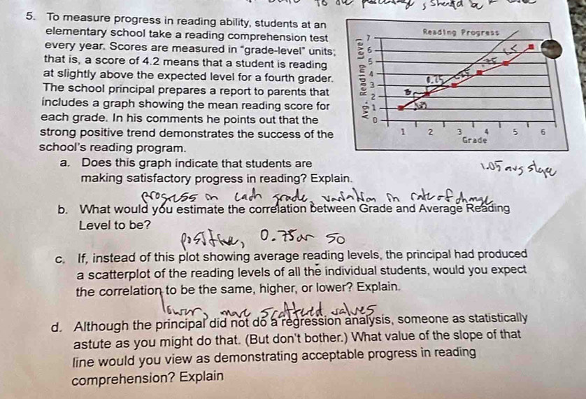 To measure progress in reading ability, students at an 
elementary school take a reading comprehension test 1 Reading Progress 
every year. Scores are measured in “grade-level” units; 
that is, a score of 4.2 means that a student is reading : 
< 
or 
at slightly above the expected level for a fourth grader.  0a5
The school principal prepares a report to parents that 3 3
2
includes a graph showing the mean reading score for 1
each grade. In his comments he points out that the 0
strong positive trend demonstrates the success of the 1 2 3 4 5 6
Grade 
school's reading program. 
a. Does this graph indicate that students are 
making satisfactory progress in reading? Explain. 
b. What would you estimate the correlation between Grade and Average Reading 
Level to be? 
c. If, instead of this plot showing average reading levels, the principal had produced 
a scatterplot of the reading levels of all the individual students, would you expect 
the correlation to be the same, higher, or lower? Explain. 
d. Although the principal did not do a regression analysis, someone as statistically 
astute as you might do that. (But don't bother.) What value of the slope of that 
line would you view as demonstrating acceptable progress in reading 
comprehension? Explain