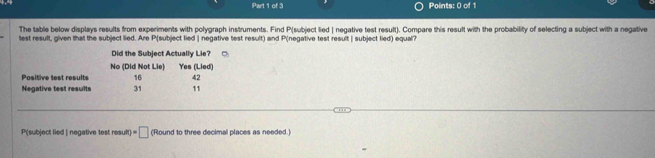 The table below displays results from experiments with polygraph instruments. Find P (subject lied | negative test result). Compare this result with the probability of selecting a subject with a negative
test result, given that the subject lied. Are P (subject lied | negative test result) and P (negative test result | subject lied) equal?
Did the Subject Actually Lie?
No (Did Not Lie) Yes (Lied)
Positive test results 16 42
Negative test results 31 11
P(subject lied | negative test result)=□ (Round to three decimal places as needed.)