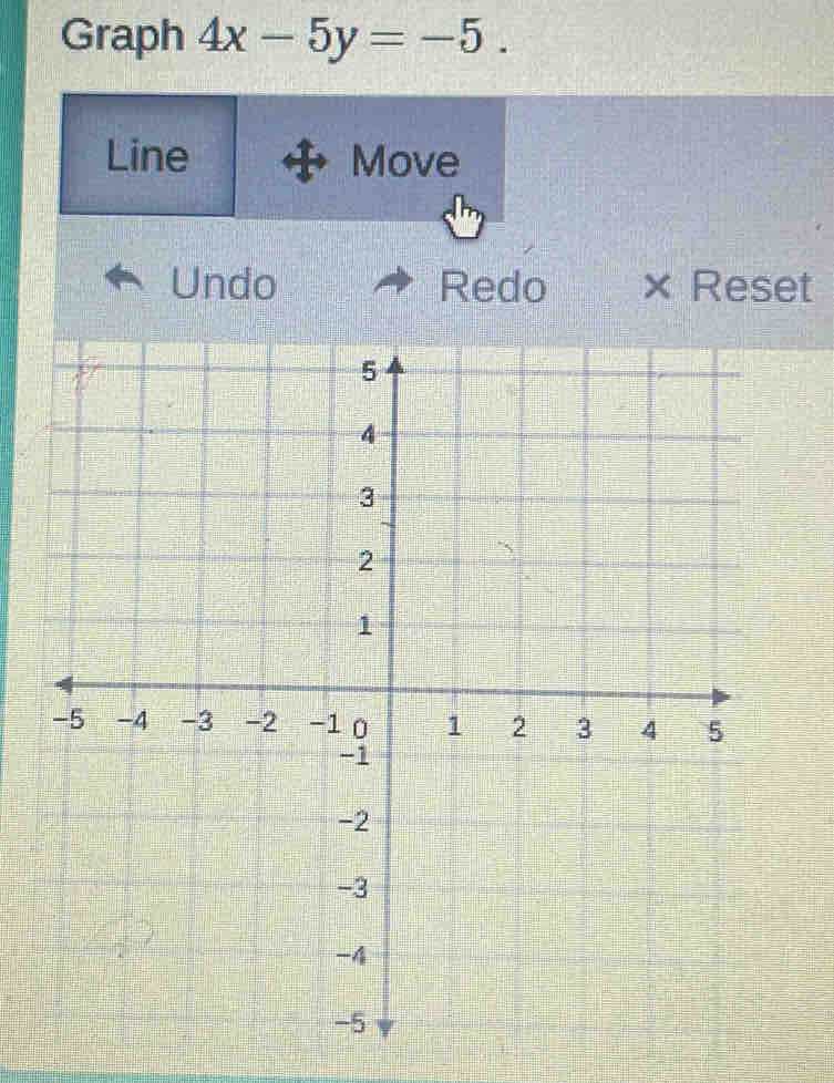 Graph 4x-5y=-5. 
Line Move 
Undo Redo × Reset