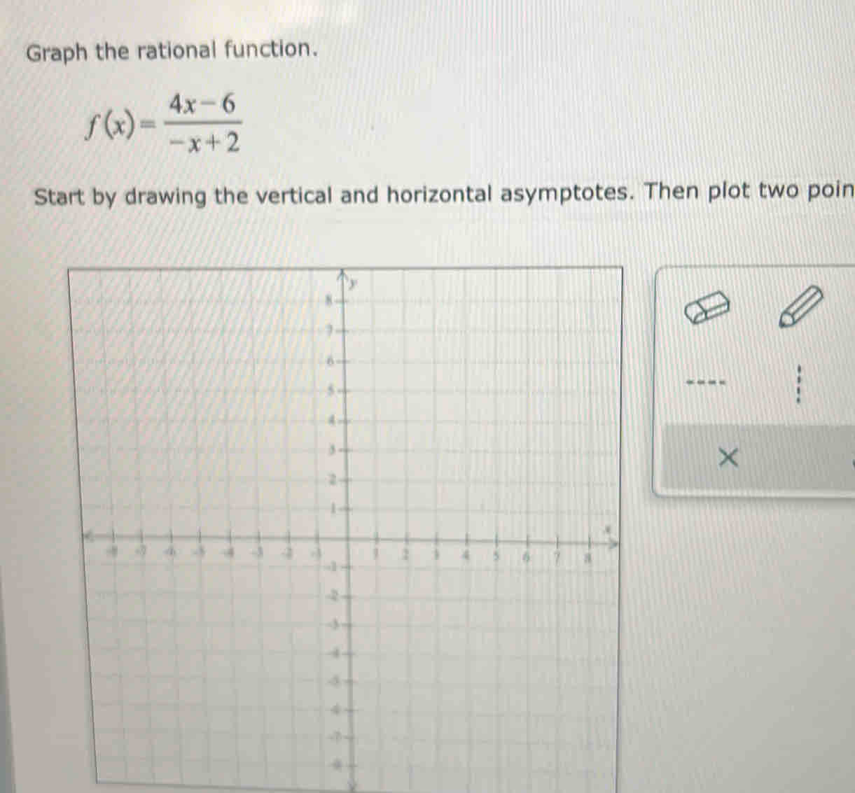 Graph the rational function.
f(x)= (4x-6)/-x+2 
Start by drawing the vertical and horizontal asymptotes. Then plot two poin 
×