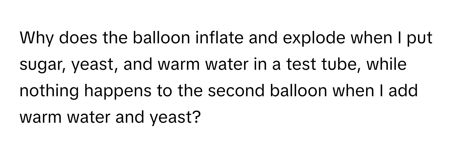 Why does the balloon inflate and explode when I put sugar, yeast, and warm water in a test tube, while nothing happens to the second balloon when I add warm water and yeast?