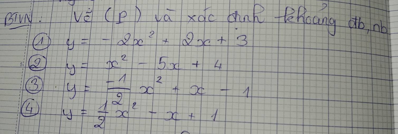 Bivy. vè (e) dā xqc bn èhaang db, nè 
ap y=-2x^2+2x+3
② y=x^2-5x+4
③ y=- 1/2 x^2+x-1
y= 1/2 x^2-x+1