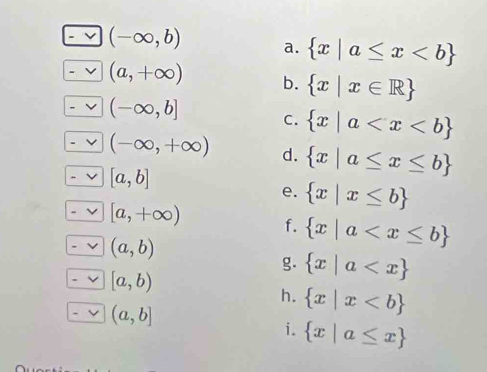 (-∈fty ,b) a.  x|a≤ x
(a,+∈fty ) b.  x|x∈ R
(-∈fty ,b] C.  x|a
(-∈fty ,+∈fty ) d.  x|a≤ x≤ b
[a,b]
e.  x|x≤ b
[a,+∈fty ) f.  x|a
(a,b)
g.  x|a
[a,b)
h.  x|x
(a,b]
i.  x|a≤ x