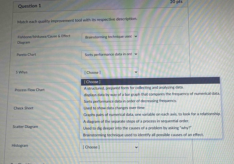 Match each quality improvement tool with its respective description.
Fishbone/Ishikawa/Cause & Effect Brainstorming technique used
Diagram
Pareto Chart Sorts performance data in ord
5 Whys [ Choose ]
[ Choose ]
Process Flow Chart A structured, prepared form for collecting and analyzing data.
displays data by way of a bar graph that compares the frequency of numerical data.
Sorts performance data in order of decreasing frequency.
Check Sheet Used to show data changes over time
Graphs pairs of numerical data, one variable on each axis, to look for a relationship.
A diagram of the separate steps of a process in sequential order.
Scatter Diagram Used to dig deeper into the causes of a problem by asking "why?"
Brainstorming technique used to identify all possible causes of an effect.
Histogram [ Choose ]