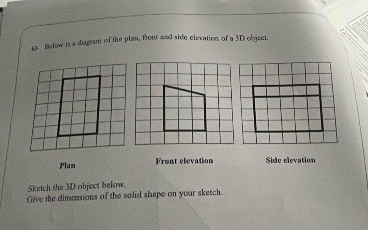 Solved: Below is a diagram of the plan, front and side elevation of a ...