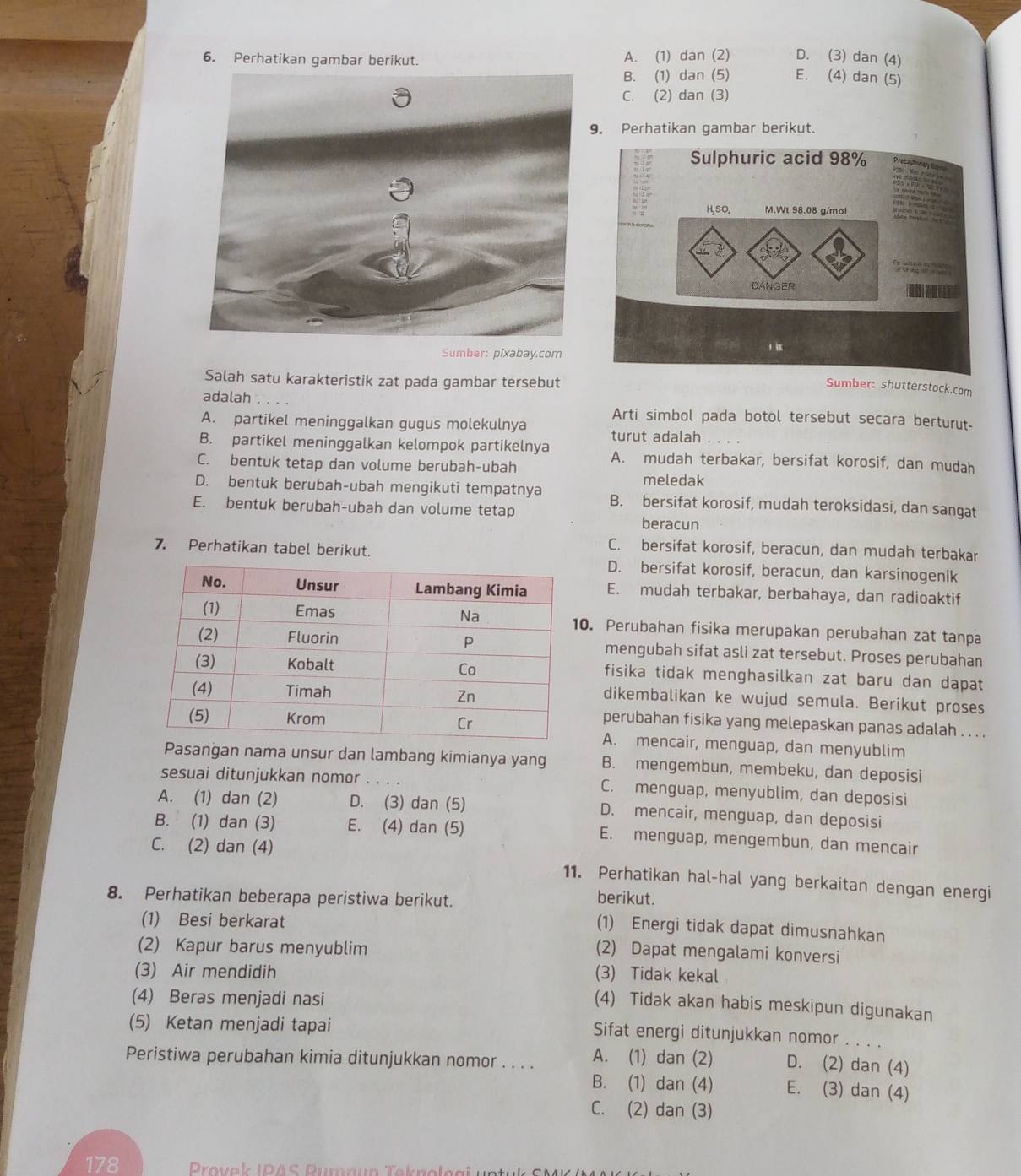 Perhatikan gambar berikut. A. (1) dan (2) D. (3) dan (4)
B. (1) dan (5) E. (4) dan (5)
C. (2) dan (3)
9. Perhatikan gambar berikut.
Sumber: pixabay.com
Salah satu karakteristik zat pada gambar tersebut
Sumber: shutterstock.com
adalah . Arti simbol pada botol tersebut secara berturut.
A. partikel meninggalkan gugus molekulnya turut adalah .
B. partikel meninggalkan kelompok partikelnya A. mudah terbakar, bersifat korosif, dan mudah
C. bentuk tetap dan volume berubah-ubah
meledak
D. bentuk berubah-ubah mengikuti tempatnya B. bersifat korosif, mudah teroksidasi, dan sangat
E. bentuk berubah-ubah dan volume tetap beracun
C. bersifat korosif, beracun, dan mudah terbakar
7. Perhatikan tabel berikut.D. bersifat korosif, beracun, dan karsinogenik
E. mudah terbakar, berbahaya, dan radioaktif
0. Perubahan fisika merupakan perubahan zat tanpa
mengubah sifat asli zat tersebut. Proses perubahan
fisika tidak menghasilkan zat baru dan dapat
dikembalikan ke wujud semula. Berikut proses
perubahan fisika yang melepaskan panas adalah . . . .
A. mencair, menguap, dan menyublim
Pasangan nama unsur dan lambang kimianya yang B. mengembun, membeku, dan deposisi
sesuai ditunjukkan nomor .. .. C. menguap, menyublim, dan deposisi
A. (1) dan (2) D. (3) dan (5) D. mencair, menguap, dan deposisi
B. (1) dan (3) E. (4) dan (5) E. menguap, mengembun, dan mencair
C. (2) dan (4)
11. Perhatikan hal-hal yang berkaitan dengan energi
8. Perhatikan beberapa peristiwa berikut.
berikut.
(1) Besi berkarat
(1) Energi tidak dapat dimusnahkan
(2) Kapur barus menyublim
(2) Dapat mengalami konversi
(3) Air mendidih (3) Tidak kekal
(4) Beras menjadi nasi
(4) Tidak akan habis meskipun digunakan
(5) Ketan menjadi tapai
Sifat energi ditunjukkan nomor . . . .
Peristiwa perubahan kimia ditunjukkan nomor . . . . A. (1) dan (2) D. (2) dan (4)
B. (1) dan (4) E. (3) dan (4)
C. (2) dan (3)
178  Provek IPAS Pumpun Teknalogi untuk