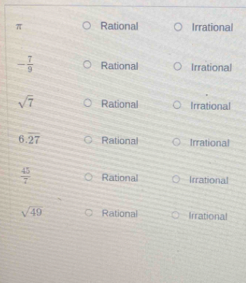 π Rational Irrational
- 7/9  Rational Irrational
sqrt(7) Rational Irrational
6.overline 27 Rational Irrational
 45/7  Rational Irrational
sqrt(49) Rational Irrational