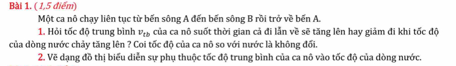 ( 1,5 điểm) 
Một ca nô chạy liên tục từ bến sông A đến bến sông B rồi trở về bến A. 
1. Hỏi tốc độ trung bình v_tb của ca nô suốt thời gian cả đi lẫn về sẽ tăng lên hay giảm đi khi tốc độ 
của dòng nước chảy tăng lên ? Coi tốc độ của ca nô so với nước là không đổi. 
2. Vẽ dạng đồ thị biểu diễn sự phụ thuộc tốc độ trung bình của ca nô vào tốc độ của dòng nước.