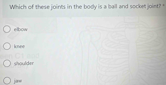 Which of these joints in the body is a ball and socket joint? *
elbow
knee
shoulder
jaw