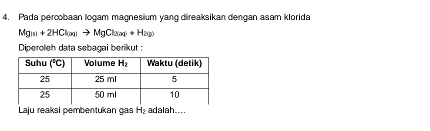 Pada percobaan logam magnesium yang direaksikan dengan asam klorida
Mg_(s)+2HCl_(aq)to MgCl_2(aq)+H_2(g)
Diperoleh data sebagai berikut :
Laju reaksi pembentukan gas H_2 adalah....