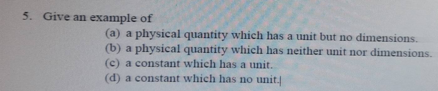 Solved: Give an example of (a) a physical quantity which has a unit but ...