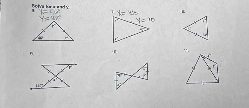 Solve for x and y. 8.
6.
7.
9.
10. 11.
x°
y°